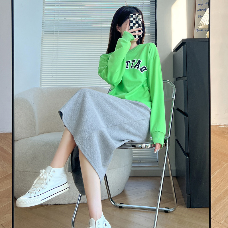 [1.5折价43元]唐狮秋季半身裙女华夫格侧边开叉长裙韩系休闲运动行