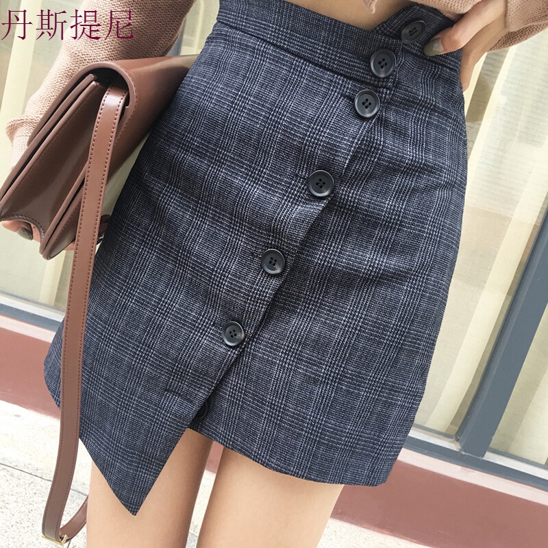 秋季韩版百搭复古格子排扣不对称半身裙气质显瘦中长裙潮女