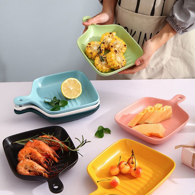 烤盘北欧风餐具陶瓷盘微波炉用创意盘子家用烘焙芝士焗饭烤箱|蓝色+黄色