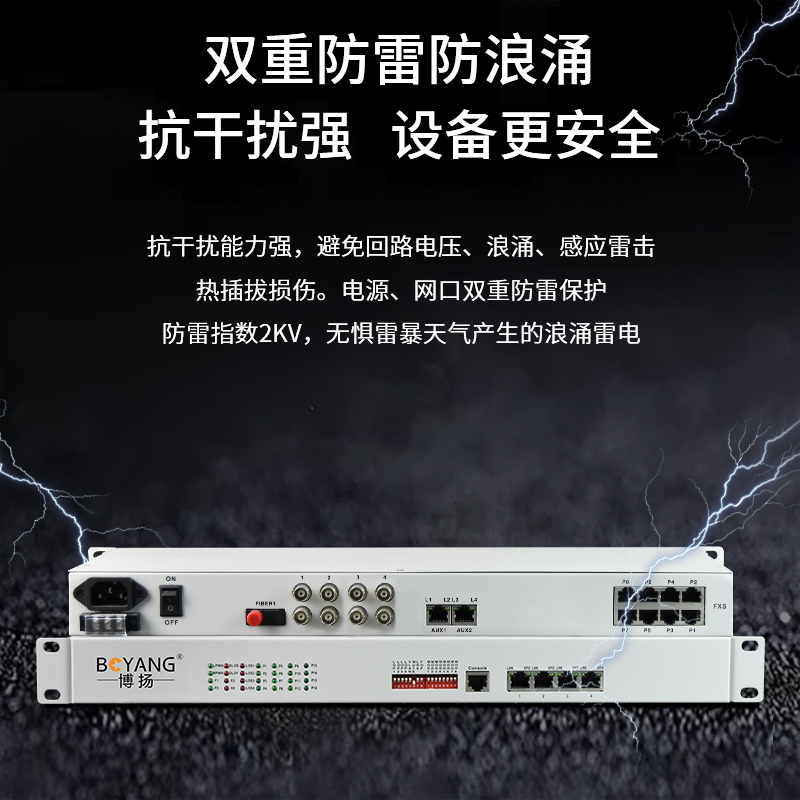 博扬 综合业务电话光端机 2E1+2路电话+2路百兆网络物理隔离 FC单纤20km 1对BY-2E1-2P2E
