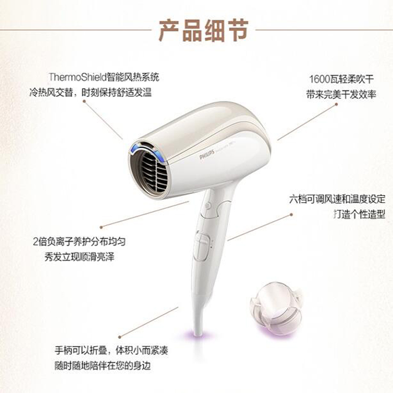 飞利浦(Philips) 电吹风 智能风热系统 双倍负离子护发 冷热风护发 6档可调风速1600W功率 BHC201高清大图