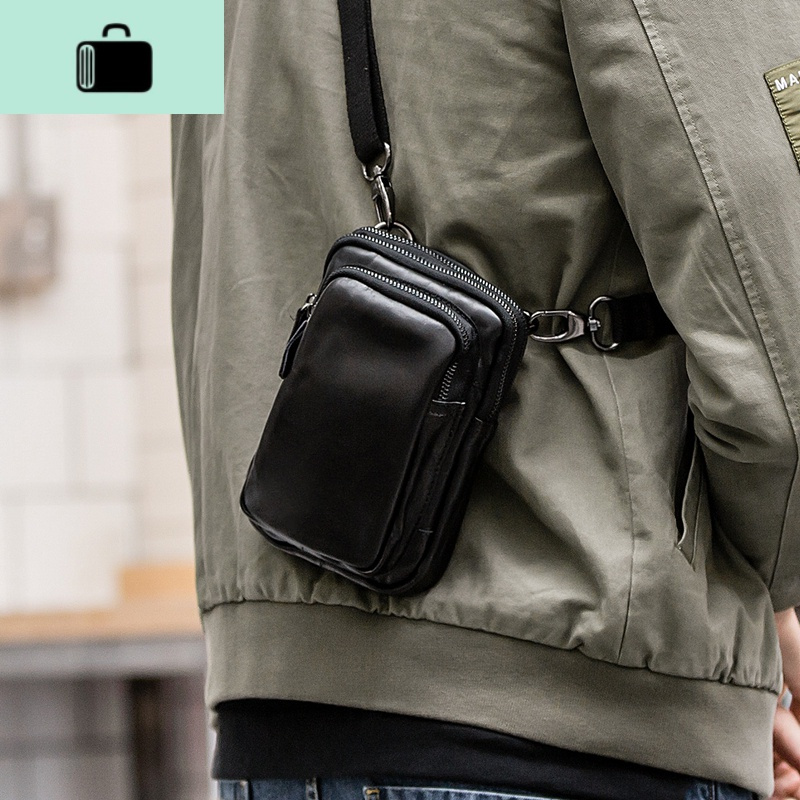 男士斜挎包小包男迷你单肩小挂复古手机包牛皮腰包多功能newlake黑色