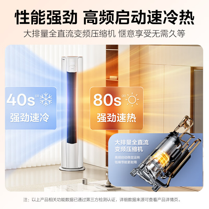 美的空调3匹智行二代 新一级能效柜机变频冷暖大风口家用客厅立式圆柜 KFR-72LW/N8YH2-1