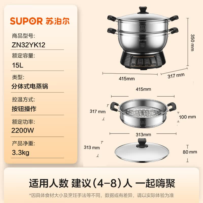 苏宁 苏泊尔 不锈钢电蒸锅 家用多功能电煮锅 15L多用途锅 ZN32YK12 [15L+2200W+不锈钢+双层]高清大图