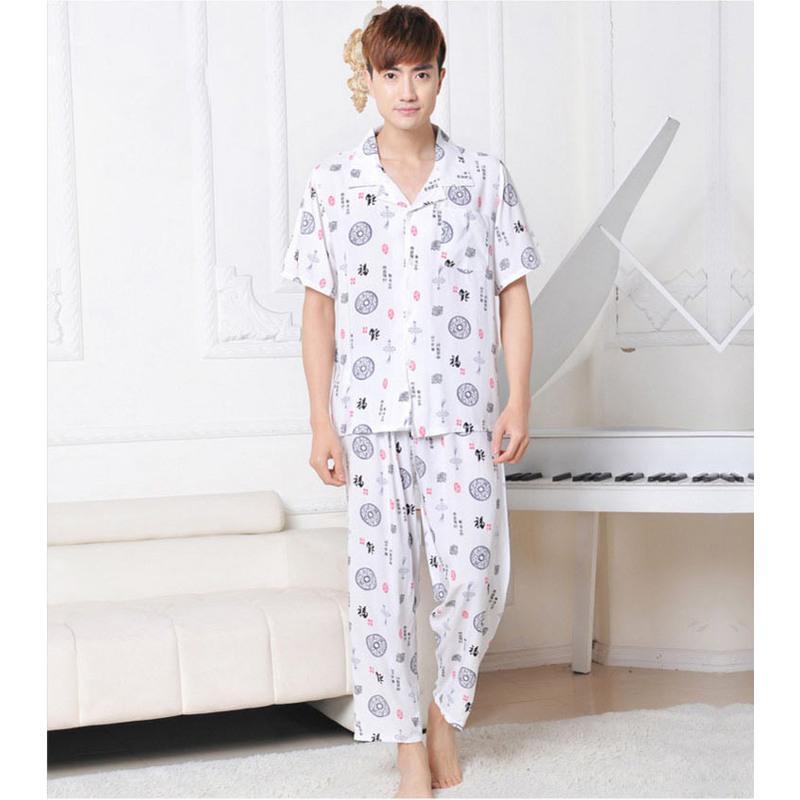 模特小龙凤 2XL(110-130斤) 夏季中老年爸爸装男士棉绸睡衣大码人造棉家居服薄款短袖绵绸套装