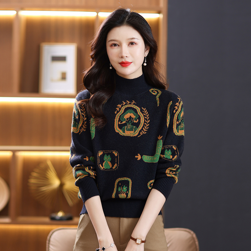 2024春秋新款半高领双股羊绒衫女半高领100%纯山羊绒毛衣印花针织衫宽松慵懒毛衣套头女装上衣针织打底衫加厚外搭毛衣女高清大图