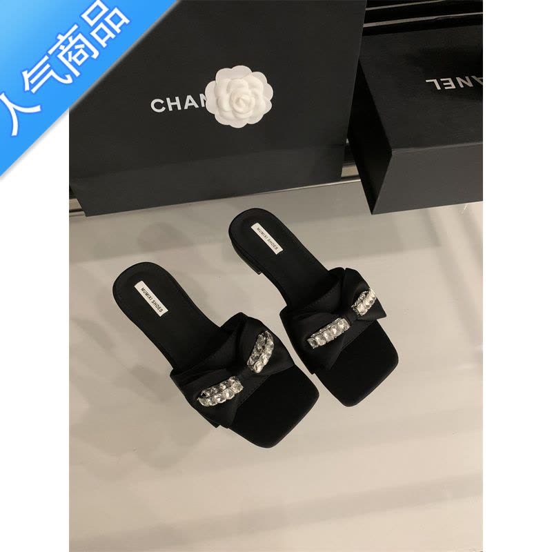 SUNTEK仙女风低跟凉拖外穿女2023夏新款黑色方头水钻蝴蝶结方头粗跟凉鞋图片