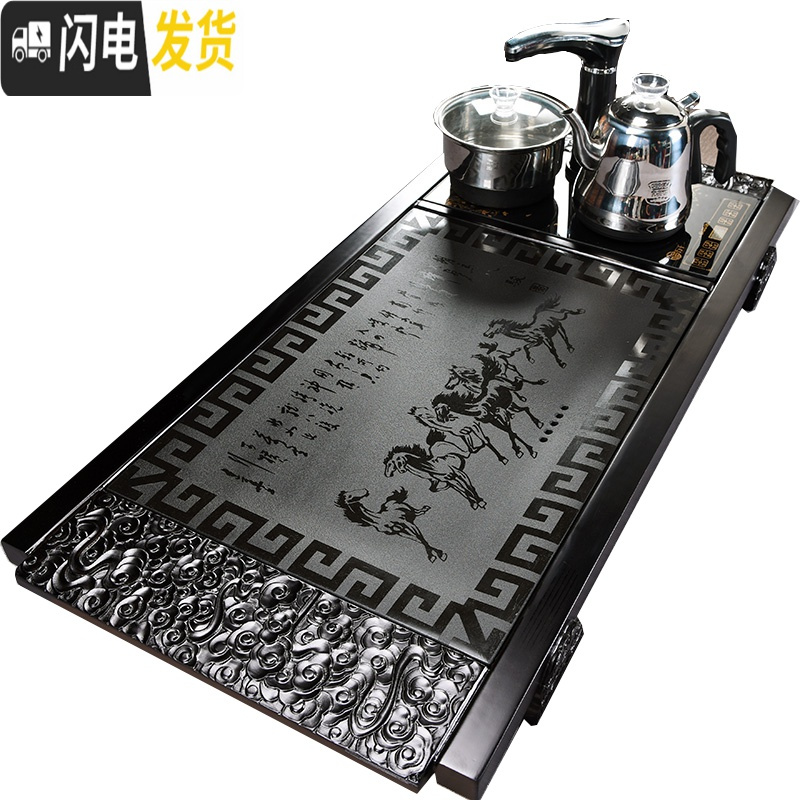 三维工匠乌金石石头茶盘茶台家用整套茶具套装茶盘套装全自动一体带电磁炉 三龙柴烧+白瓷凝脂玉茶具套装
