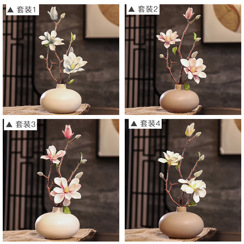 黑白灰陶瓷花瓶假花摆件家居装饰品现代客厅仿真典雅玉兰花摆设 三维工匠 套装三高清大图
