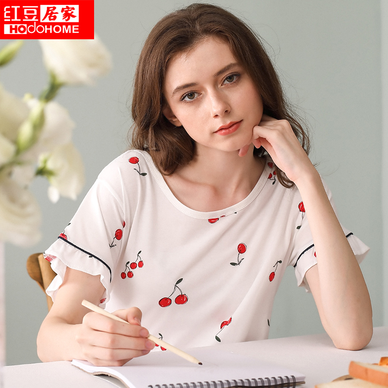 红豆居家(Hodohome) 春夏纯棉短袖清新樱桃印花少女系小清新可外穿家居睡裙