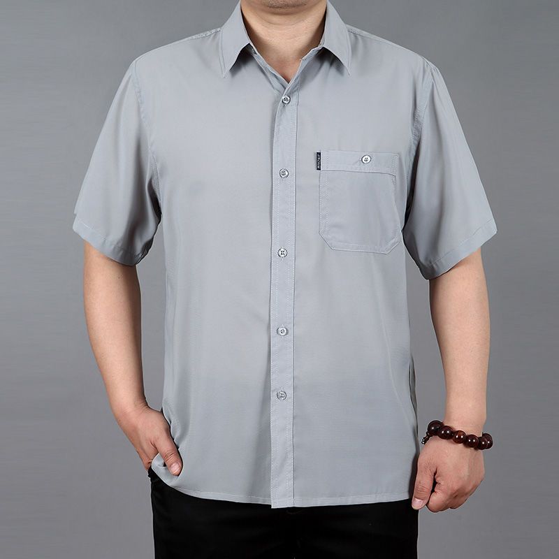 中老年男装衬衫桑蚕丝爸爸中年男士短袖衬衣宽松大码老人夏装父亲