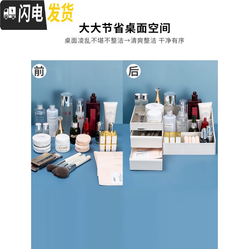 三维工匠化妆品收纳盒桌面收纳口红护肤品置物架宿舍塑料梳妆台化妆盒高清大图