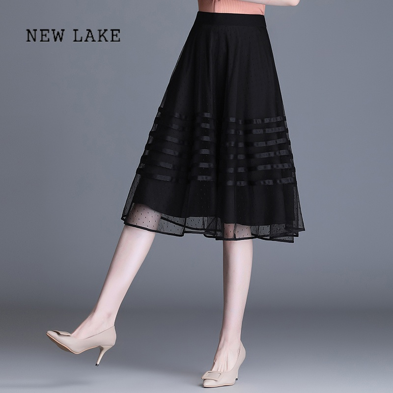 new lake黑色网纱半身裙女春夏季2023新款高腰显瘦垂感a字裙中长百褶