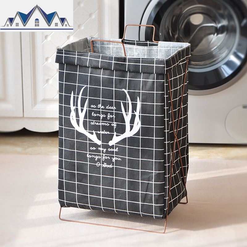 棉麻提手铁架脏衣服洗衣篮折叠收纳桶大号防水收纳筐玩具储物箱 三维工匠收纳篮 黑格铁架脏衣篓