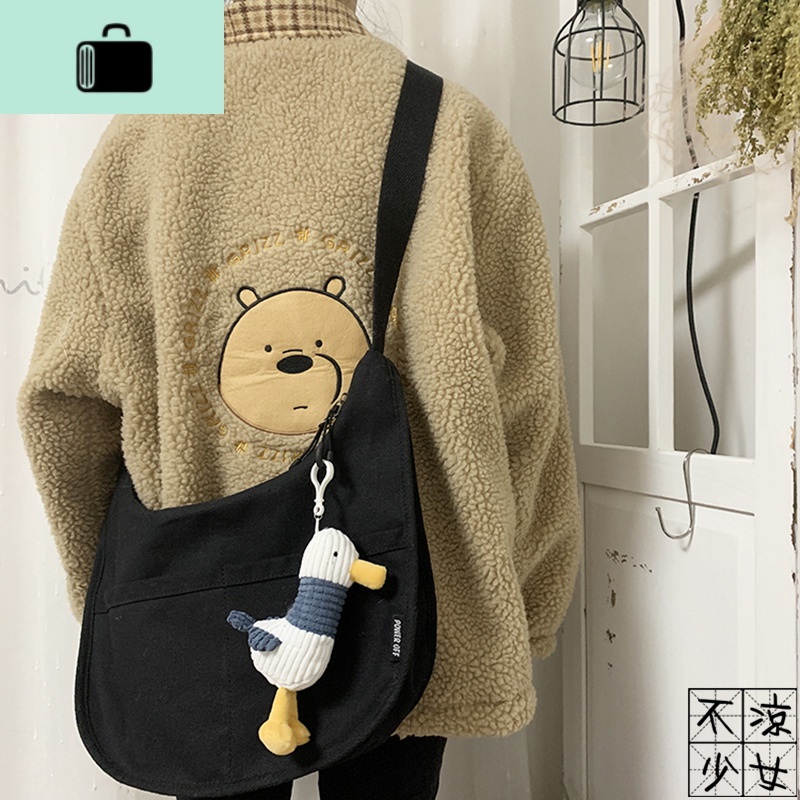 韩版ins简约大容量帆布饺子包日系2020新款潮纯色复古斜挎包男女NEWLAKE高清大图