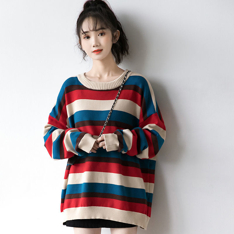 苏芈2020秋冬新款彩虹色条纹毛衣女宽松慵懒风春秋外穿内搭针织打底衫