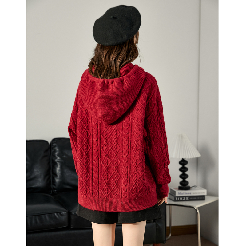 9元,叠加优惠券]唐狮年新款连帽毛衣女秋冬慵懒风圣诞新年红色宽松