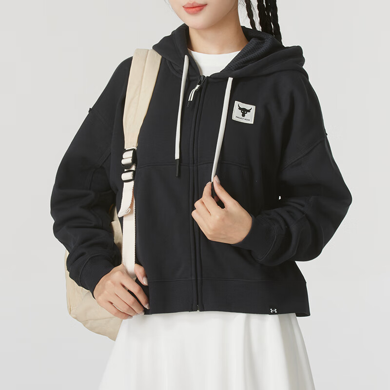 安德玛(Under Armour)针织夹克女装新款简约宽松舒适休闲保暖连帽上衣外套1373589-001 ZP高清大图