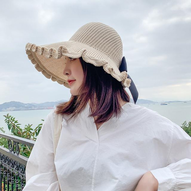 新款可折叠花边卷卷帽时尚遮阳帽防晒春秋百搭太阳帽子女夏防吹翻 米色一个 默认尺码