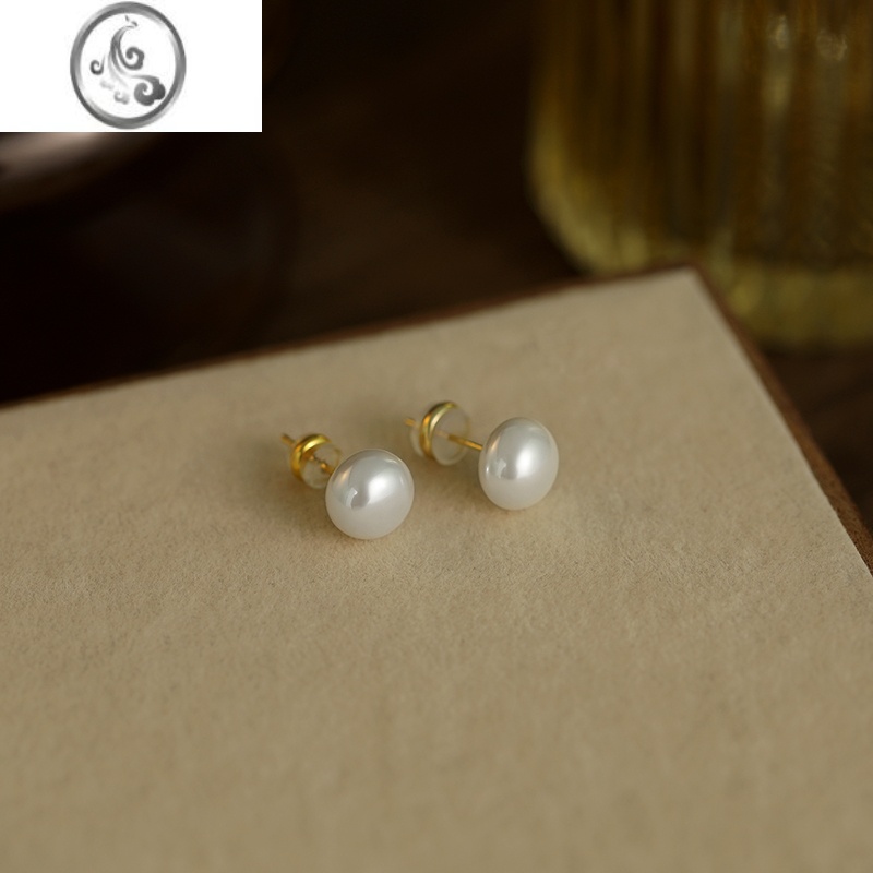 JiMi925银银针大珍珠耳环女气质轻奢高级感耳饰法式扁圆馒头耳钉耳夹 珍珠白馒头形珍珠10MM