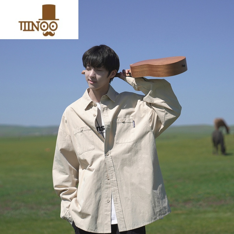 YANXUE禾子秋装男士长袖衬衫日系少年感纯色百搭休闲百搭衬衣潮高清大图