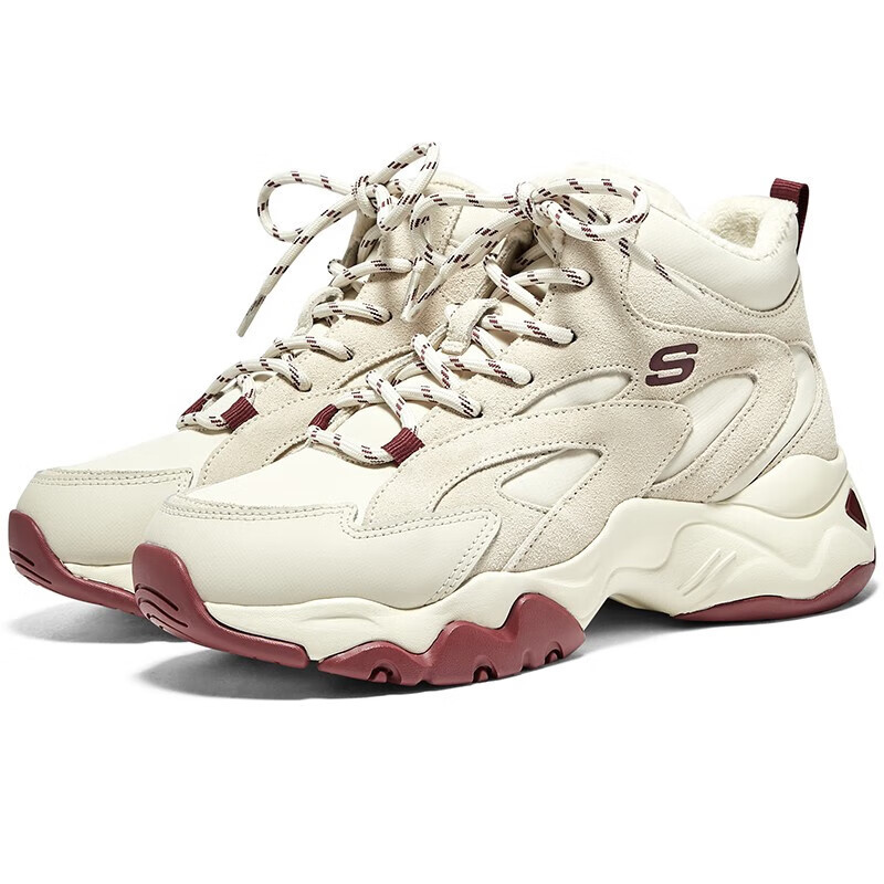 斯凯奇(Skechers)赵露思同款女鞋2023冬季新款老爹鞋加绒保暖熊猫鞋运动休闲鞋棉鞋 酒红色-BURG 35