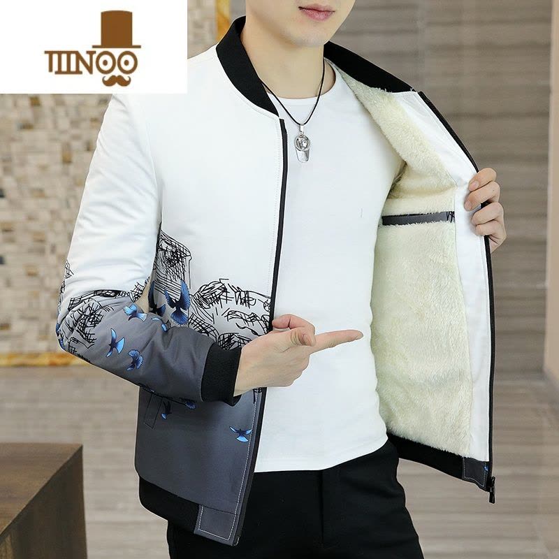 YANXU男士外套韩版修身加绒立领夹克男秋装个性潮男冬装加厚棉衣服图片