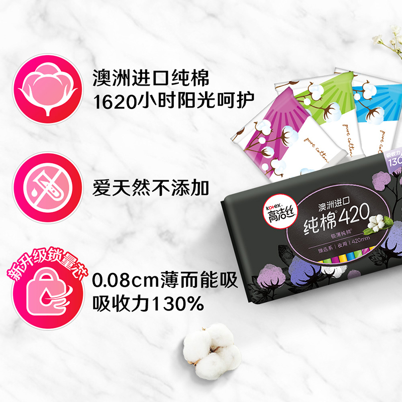高洁丝臻选系列澳洲纯棉卫生巾日用420mm超长夜用5片*8包姨妈巾