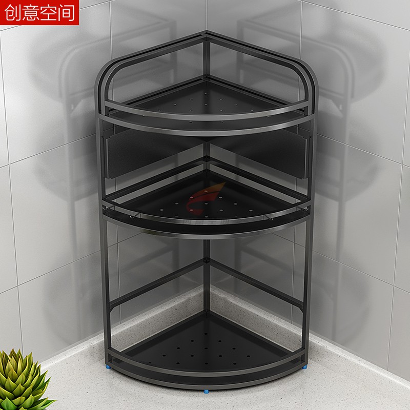 黑色不锈钢厨房置物架油盐酱醋收纳架三角转角调味调料架壁挂落地收纳层架 三维工匠高清大图