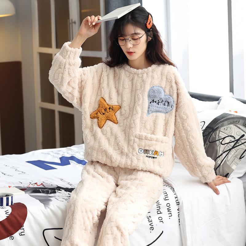 啄木鸟新款珊瑚绒睡衣女加绒加厚冬季休闲家居服保暖套装女可外休高清大图