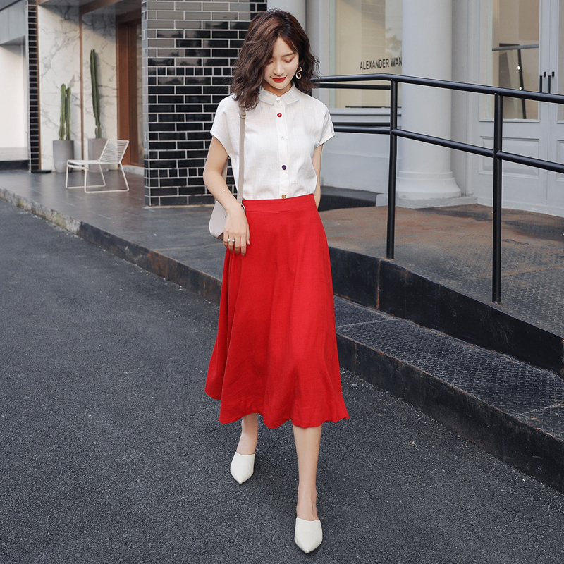 女士夏装新品韩版短袖时尚套装裙过膝长裙休闲半身裙套装女两件套