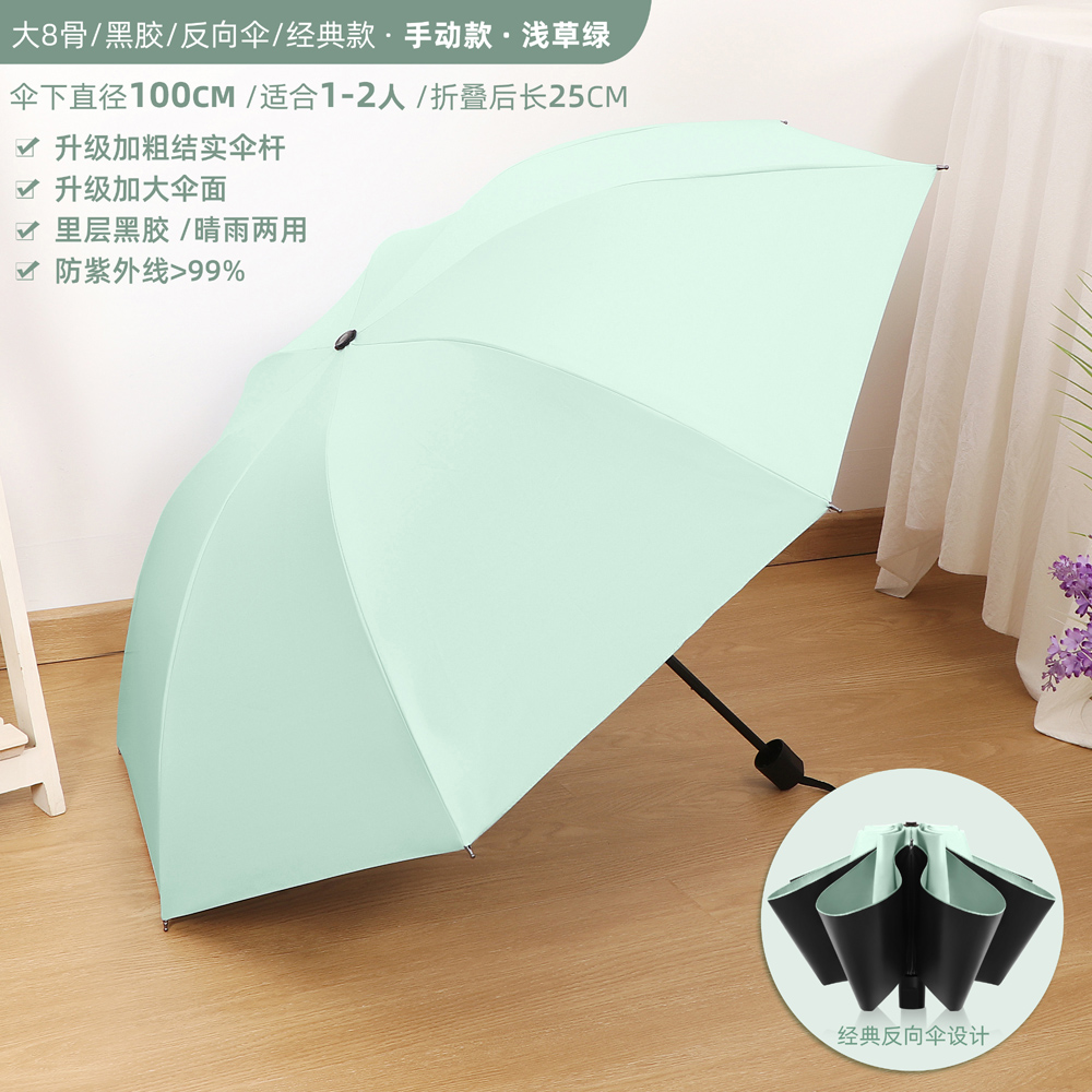 【补贴10%】晴雨伞两用自动折叠便携定制LOGO高颜值防晒紫外线遮阳太阳伞男女 浅绿--大8骨反向黑胶经典款手动-加粗结实伞架-晴雨两用