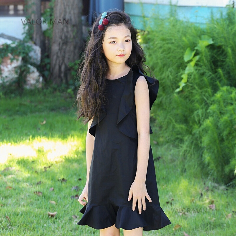 度假女孩儿童纯棉无袖连衣裙大女童露背鱼尾裙海边沙滩裙子夏黄黑