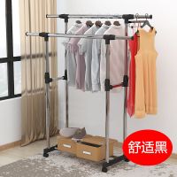 晾衣架落地伸缩不锈钢双杆凉衣架室内升降晾衣架子阳台晾衣服架子|舒适款(黑色)带刹车轮