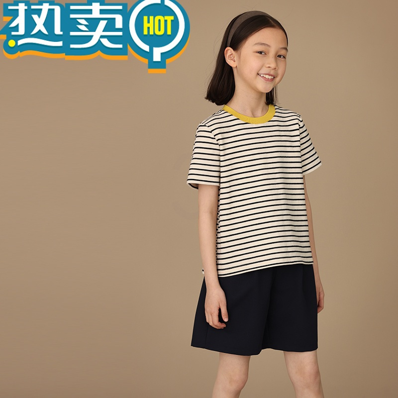 绿彩虹光童装23夏季新品儿童棉质条纹短袖亲子款休闲宽松t恤上衣