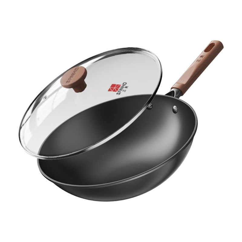 三禾炒锅32cm无涂层不粘锅均匀受热圆底黑色TC32T10