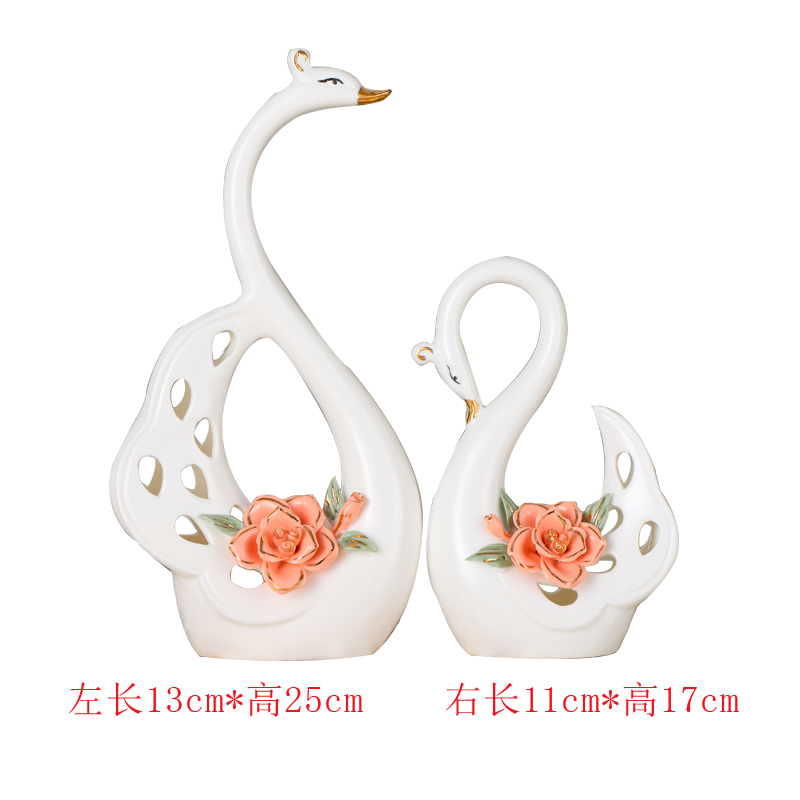 陶瓷天鹅小摆件简约现代家居摆设卧室客厅酒柜装饰品创意结婚 三维工匠 小天鹅红花一对高清大图