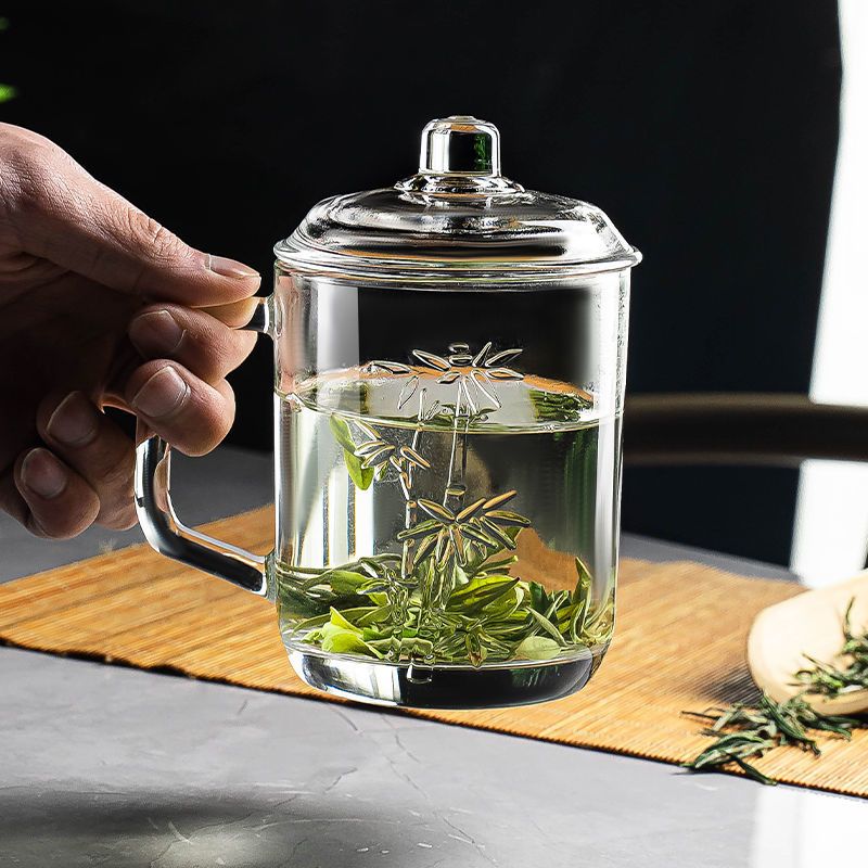 老干部公道玻璃杯子茶壶泡茶泡茶杯办公水杯男带把家用喝水杯客厅 380ML-茶饮杯[刻花-菊花]