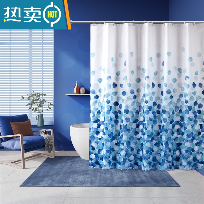 敬平加厚磁吸加厚防水卫生间酒店浴室隔断帘布涤纶浴帘 蓝色花瓣加重金属线磁吸浴帘 无杆墙距1-1.2米磁吸帘宽120X高180(送挂钩+绑带)