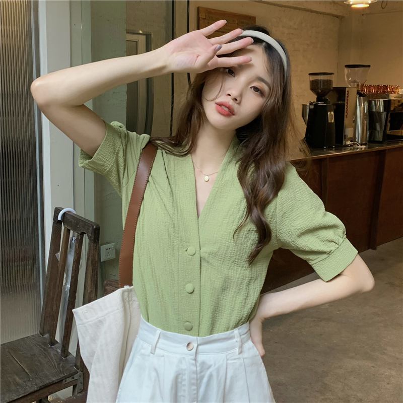 肌理感柔软泡泡袖衬衫法式复古气质V领短袖上衣