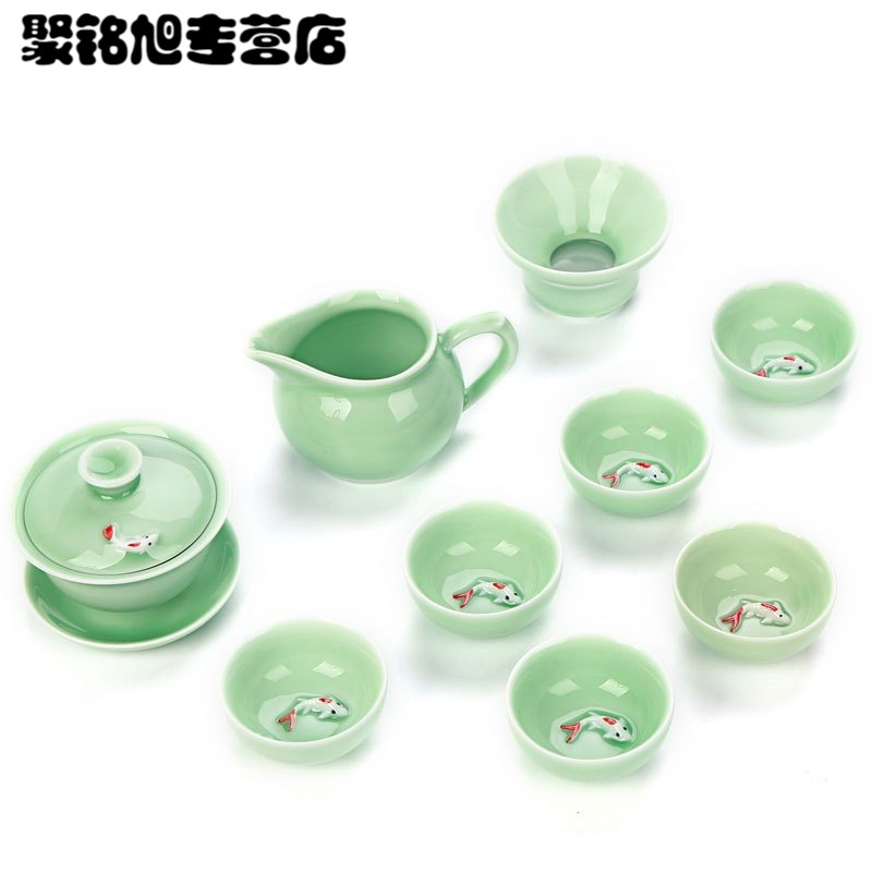 简约青瓷茶具套装鲤鱼茶杯一壶六杯红色彩鲤鱼杯茶洗家用茶具套装多色生活日用家庭清洁生活日用家居器皿水具/水杯