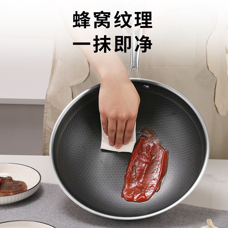张小泉304不锈钢蜂窝不粘锅炒菜锅复合钢可立盖燃气煤气灶电磁炉通用 304蜂窝不粘锅带盖 32cm高清大图