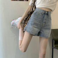 夏季高腰牛仔短裤女辣妹显瘦百搭学生浅色大码宽松阔腿裤A字热裤 浅蓝色 S