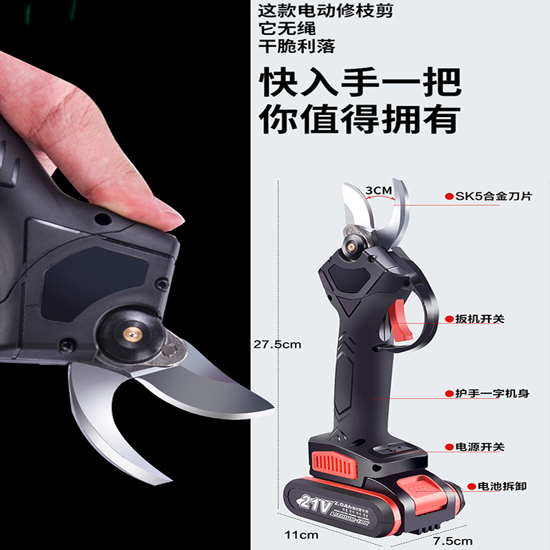 锂电树枝电剪刀阿斯卡利无绳剪枝充电式电动修枝剪果树神器电剪子修剪机 锂电修枝[强力款]二电-充