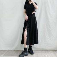侧开叉半身裙女夏2021新款大码女装不规则黑色垂感中长款a字显瘦 黑色【左开衩】 S