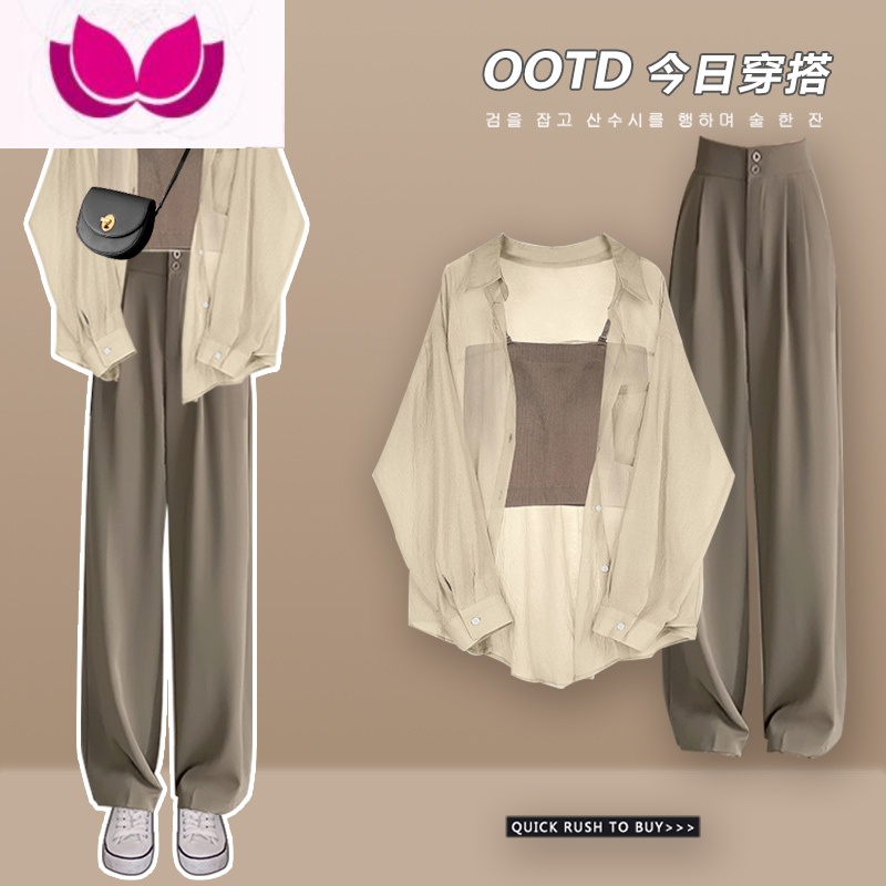 七斓休闲时尚套装女2022新款高级感吊带衬衫吊带西装裤夏装套 咖衬衫加吊带+咖西装裤绝美小裙子两件套夏/小 XL校园风套装/吊带裙两件套春夏/搭配女装整套