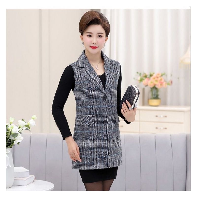 妈妈装坎肩马甲中老年春秋女装马甲中长款大码格子外套女无袖背心