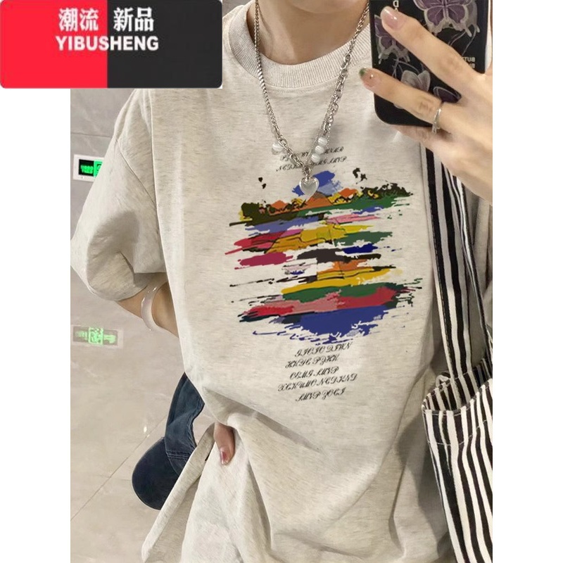YIBUSHENG潮牌正肩短袖t恤女2024新款设计感小众复古美式宽松半袖上正高清大图