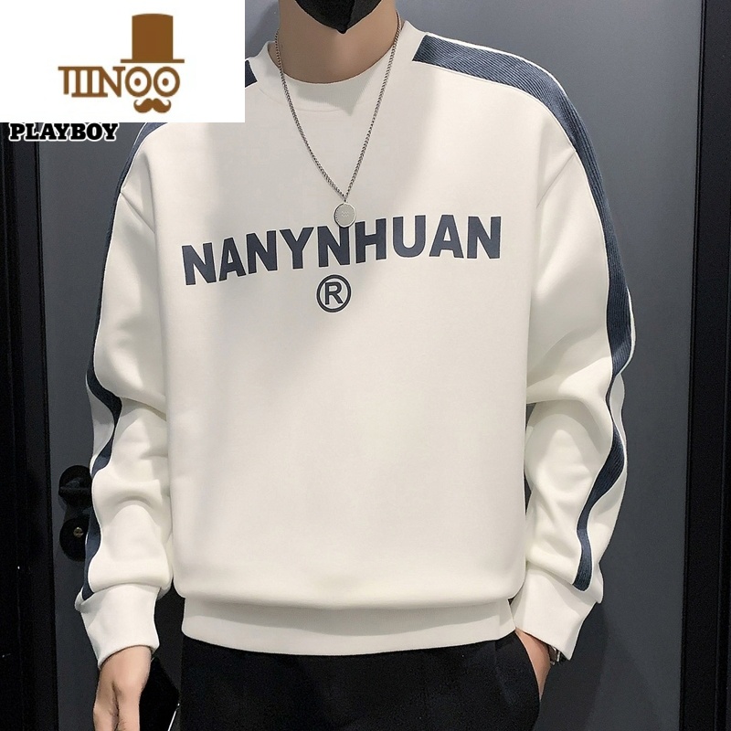 YANXU花花公圆领卫衣男士字母潮流秋季新款打底衫宽松休闲长袖t恤男装高清大图