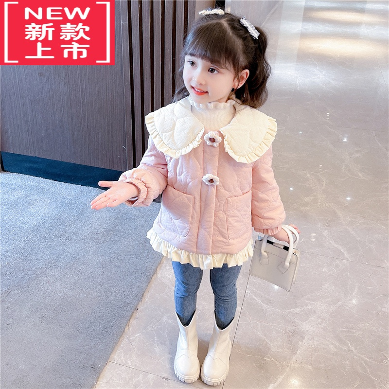 可莉允女童轻薄棉衣冬装2022新款洋气女宝宝加绒棉服儿童甜美娃娃领外套